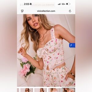 VICI Floral Lace Trim Tie-Front Crop Top
